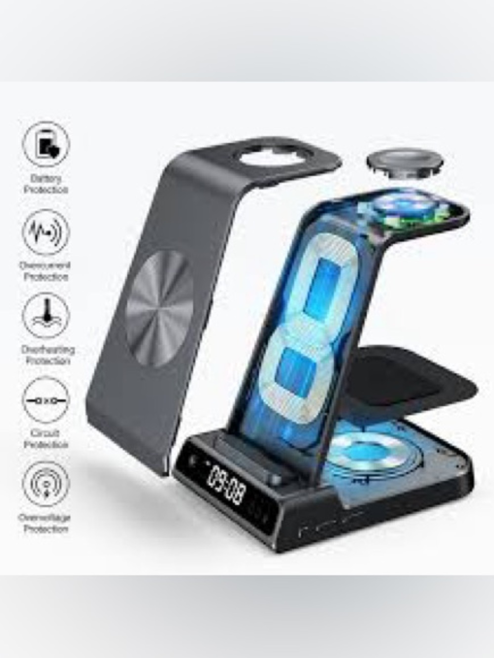 3 in 1 Wireless Fast Charging Station for Multiple Devices w/Digital Clock - New - Picture 5 of 9